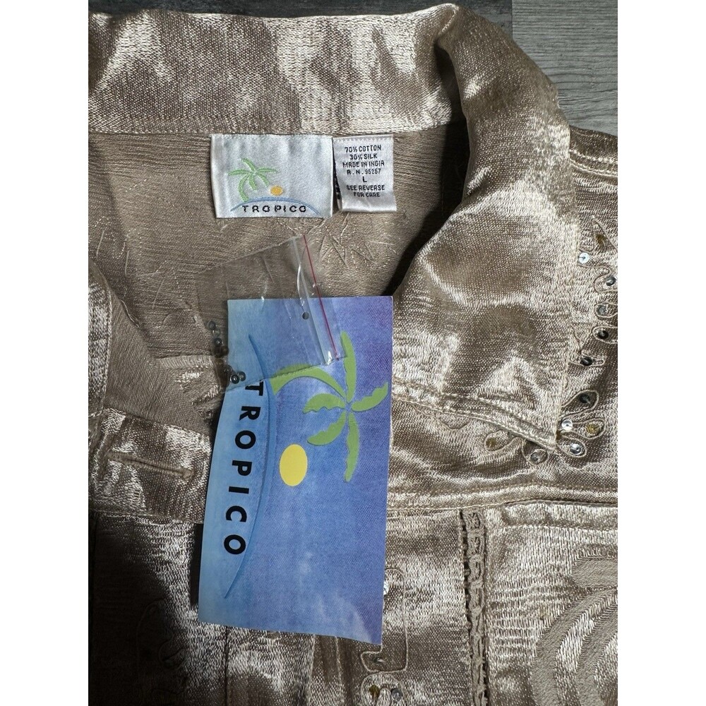 Tropico Vintage Cotton Silk Tan Shimmer Embroidery Crochet Jacket Women Sz L - Picture 3 of 10